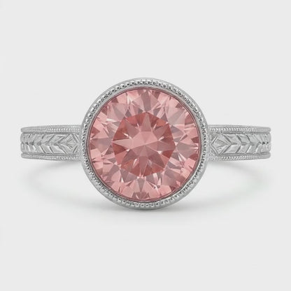 Round Lab Grown Padparadscha Bezel Solitaire Ring 14K White Gold