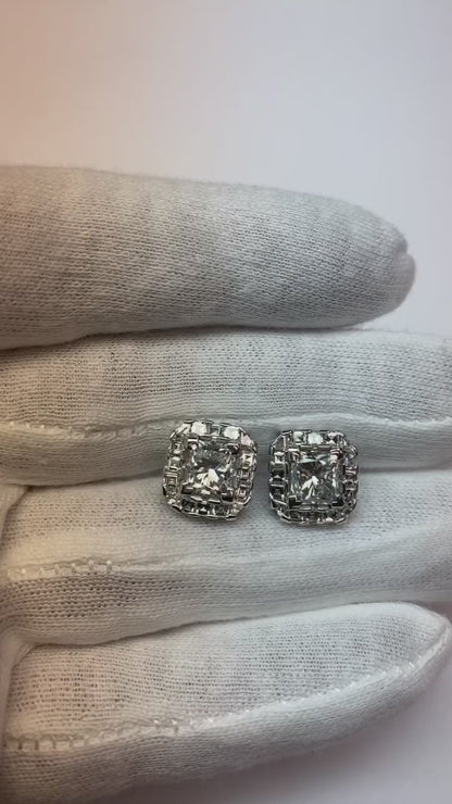 Princess Cut Natural Earth Mined Diamond Halo Style Stud Earring 4 Carats White Gold 14K