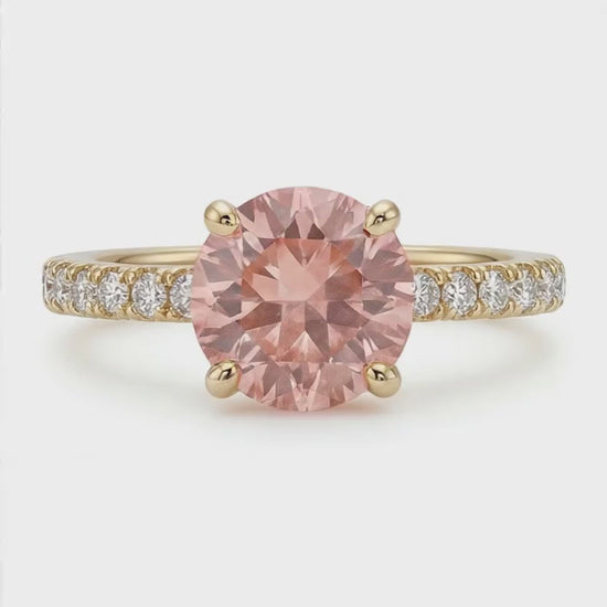 Round Padparadscha and White Diamond Pave Ring Natural 14K Yellow Gold