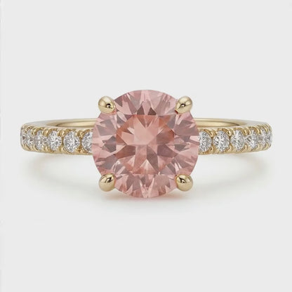 Round Padparadscha and White Diamond Pave Ring Natural 14K Yellow Gold