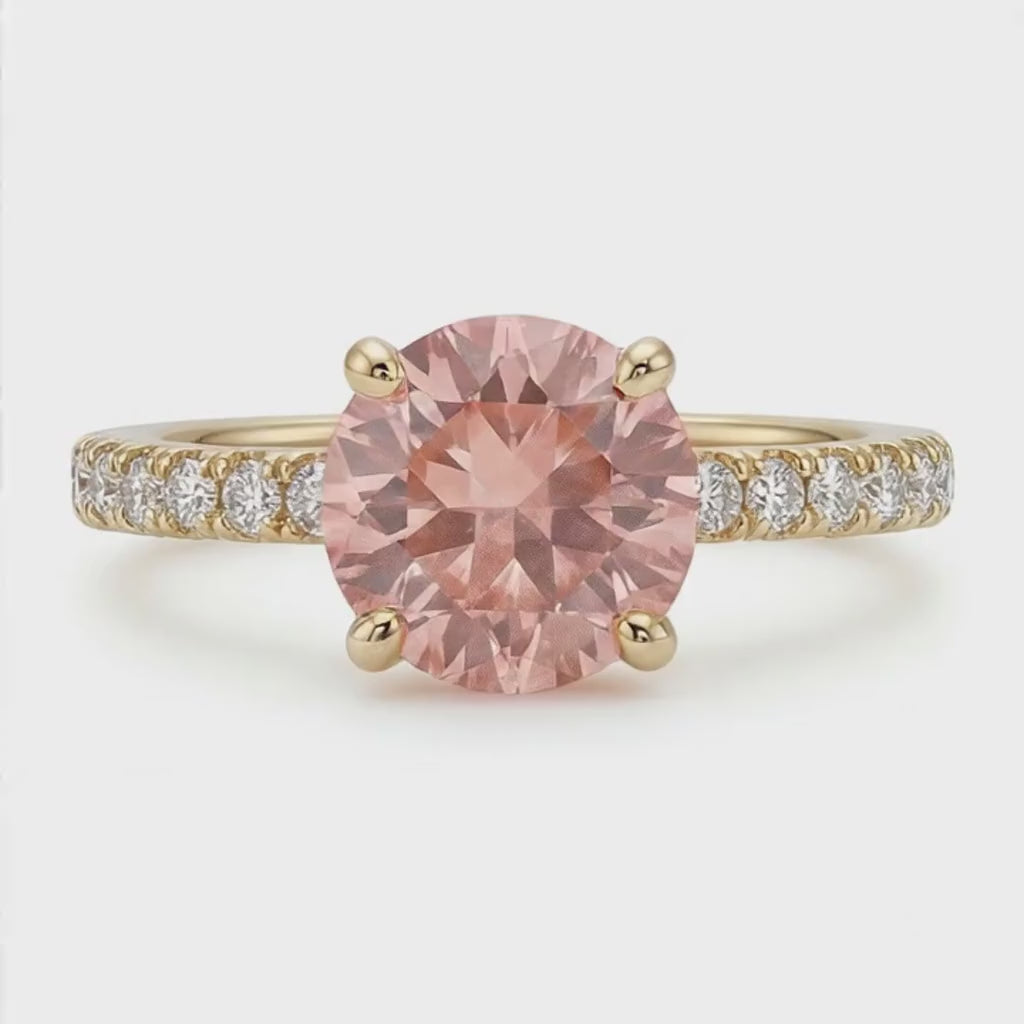 Round Padparadscha and White Diamond Pave Ring Natural 14K Yellow Gold