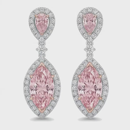 Pink Diamond Drop Earrings 3.5 Carat Lab Grown Marquise Halo 14K White Gold