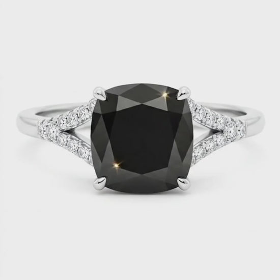 Cushion Black Diamond Cathedral Pave Ring Natural 14K White Gold