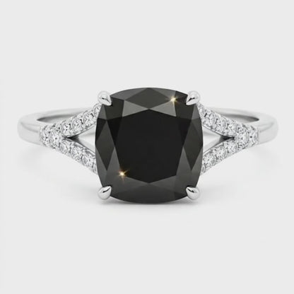 Cushion Black Diamond Cathedral Pave Ring Natural 14K White Gold