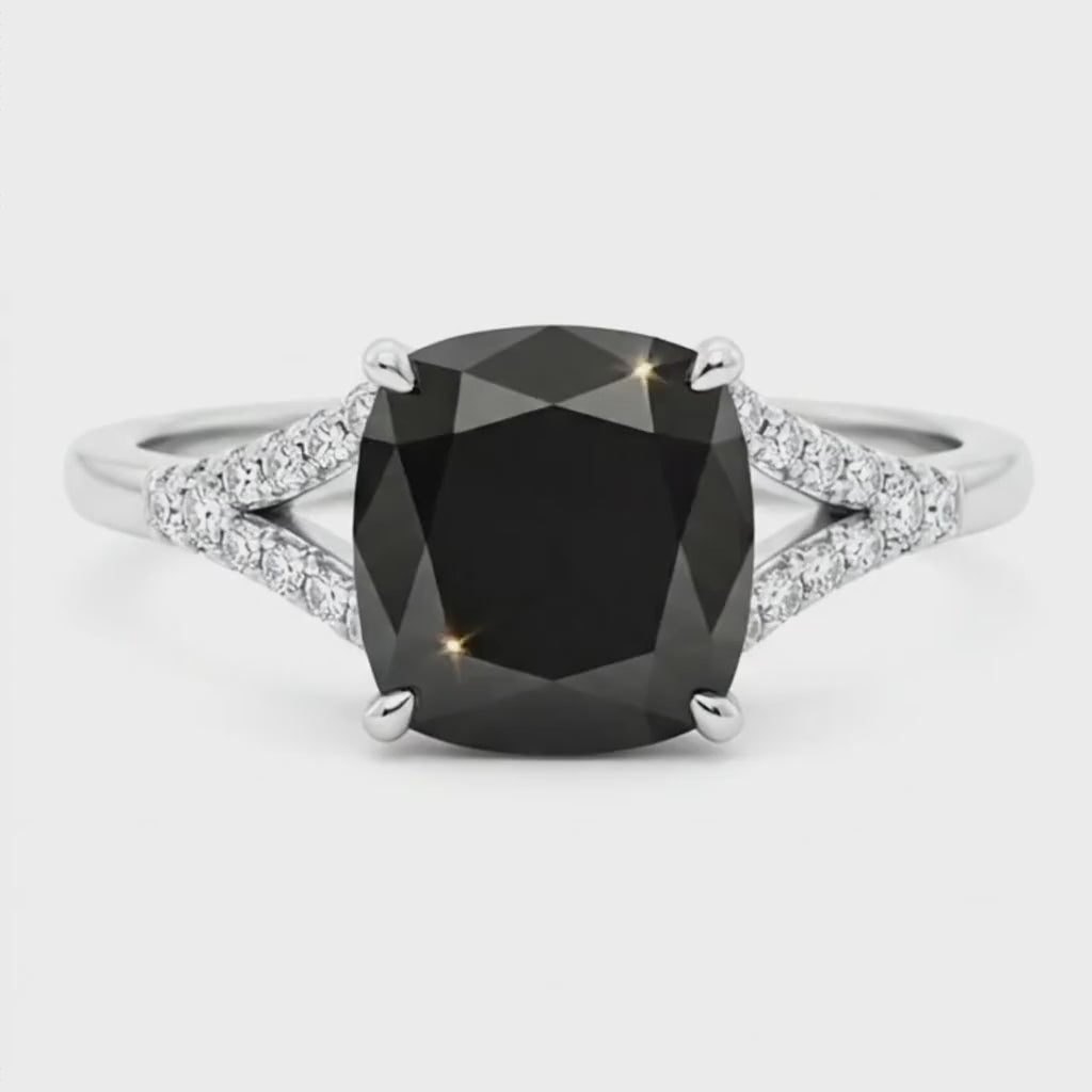Cushion Black Diamond Cathedral Pave Ring Natural 14K White Gold