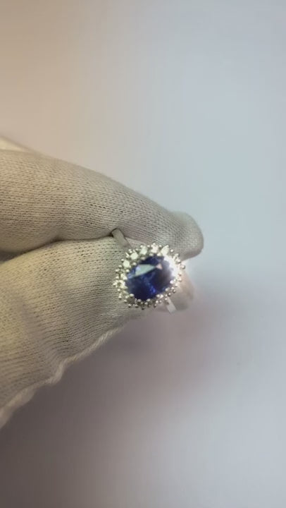 3.5 Ct Oval Shaped Ceylon Sapphire Round Natural Earth Mined Diamond Ring White Gold 14K