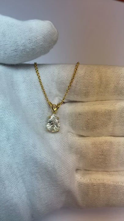 1.5 Carat Pear Natural Earth Mined Diamond Solitaire Pendant Necklace Yellow Gold