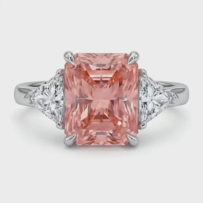 Radiant Padparadscha and White Diamond Three Stone Ring Natural 14K White Gold