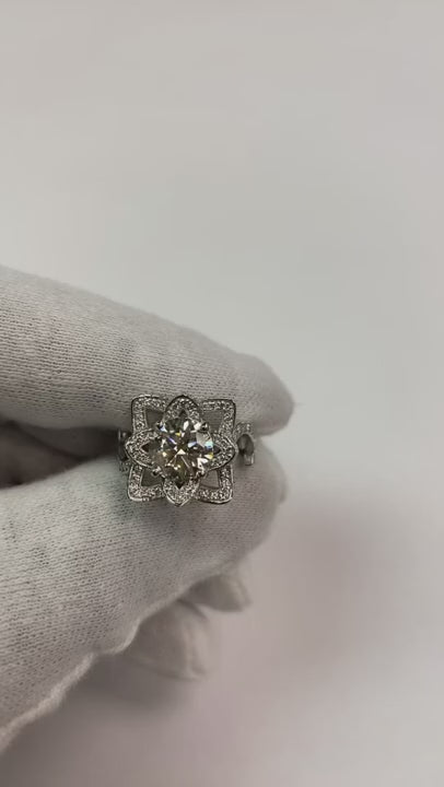 Real Natural Earth Mined Diamond Ring Lotus Flower 2.50 Carats 4 Prong Setting White Gold
