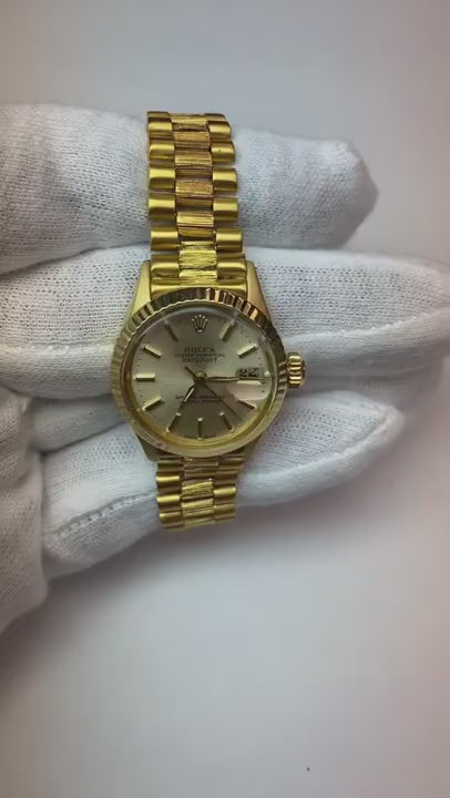 Rolex President Stick Dial Fluted Bezel Yellow Gold Lady Watch
