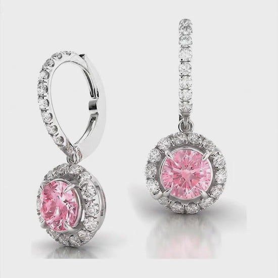 Round Pink Lab Grown Diamond and White Diamond Halo Leverback Earrings 14K White Gold