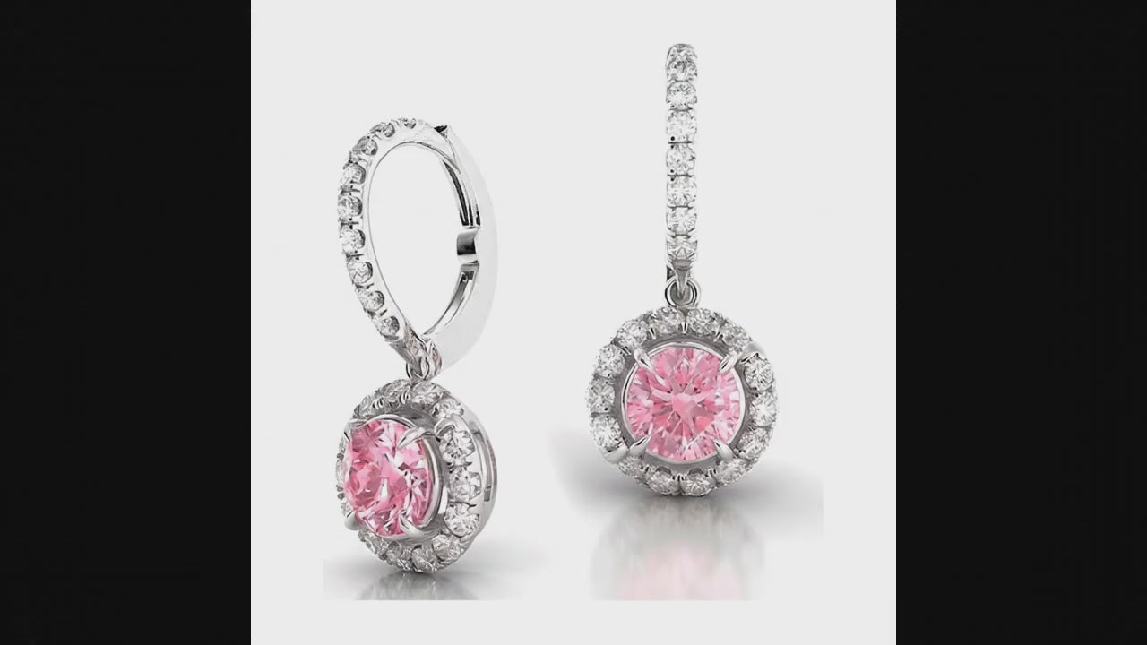 Round Pink Lab Grown Diamond and White Diamond Halo Leverback Earrings 14K White Gold