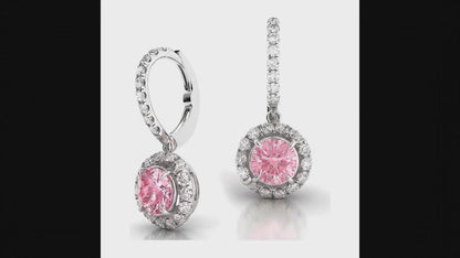 Round Pink Lab Grown Diamond and White Diamond Halo Leverback Earrings 14K White Gold