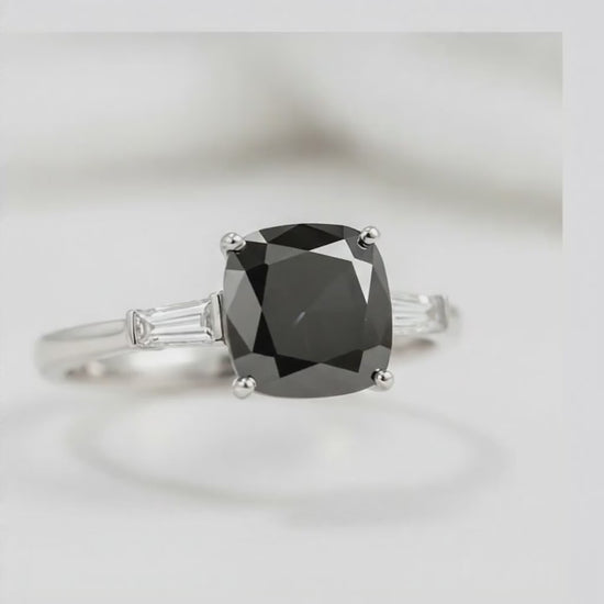 Cushion Black Diamond and White Baguette Three Stone Ring Natural 14K White Gold