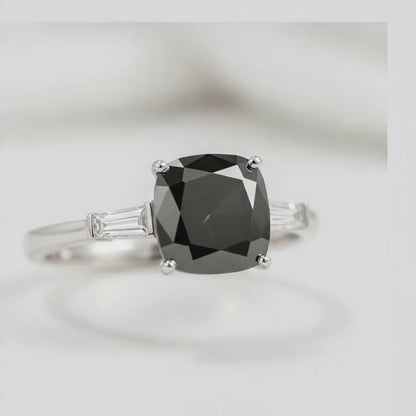 Cushion Black Diamond and White Baguette Three Stone Ring Natural 14K White Gold