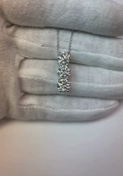 Round Earth Mined Diamond 3 Stone Journey Pendant 3.75 Carats Gold 14K