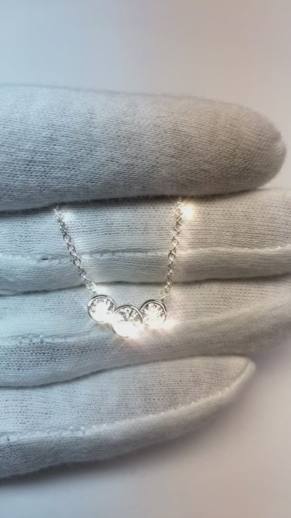 Three-Stone Natural Earth Mined Diamond Bezel Necklace Pendant 1 Carats White Gold 14K