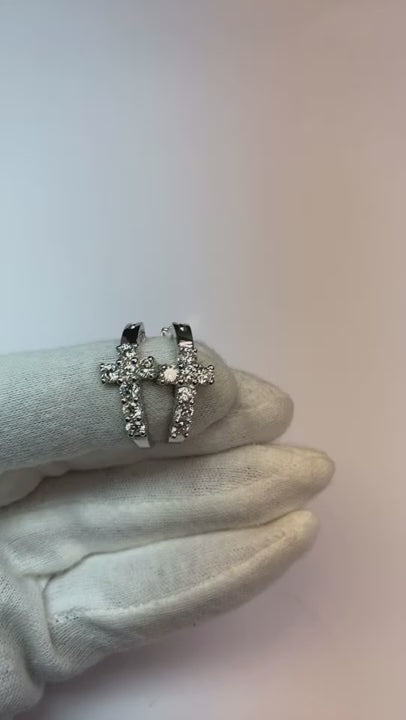 2.1 Ct Round Cut Natural Earth Mined Diamond Cross Hoop Earring 14K White Gold