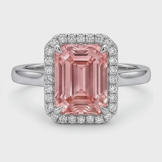 Emerald Padparadscha and White Diamond Halo Ring Natural 14K White Gold