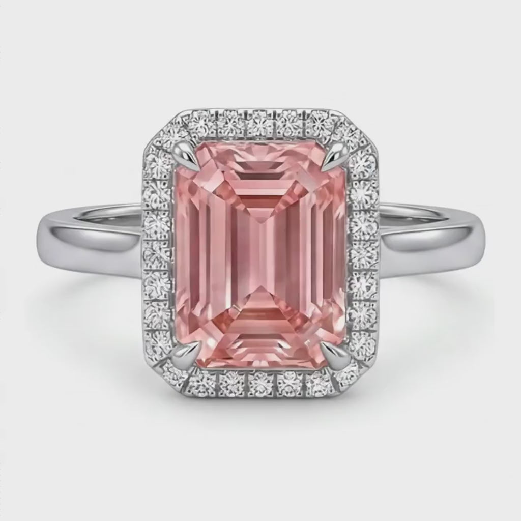 Emerald Padparadscha and White Diamond Halo Ring Natural 14K White Gold