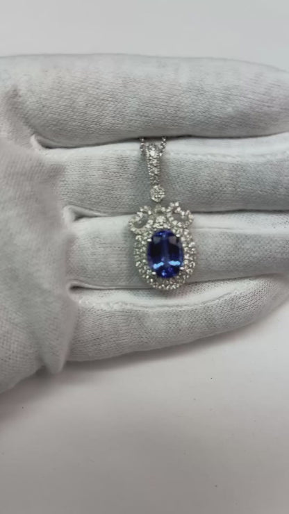 White Gold 14K 8.60 Ct. Oval Tanzanite And Natural Earth Mined Diamonds Pendant Necklace