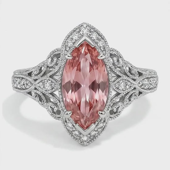 Marquise Lab Grown Padparadscha and Lab Grown Diamond Halo Ring 14K White Gold