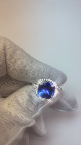 5.70 Ct Big Cushion Tanzanite & Round Diamond Ring White Gold 14K