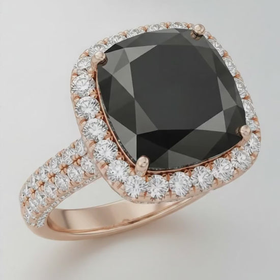 Cushion Black Diamond and White Diamond Halo Ring Natural 14K Rose Gold