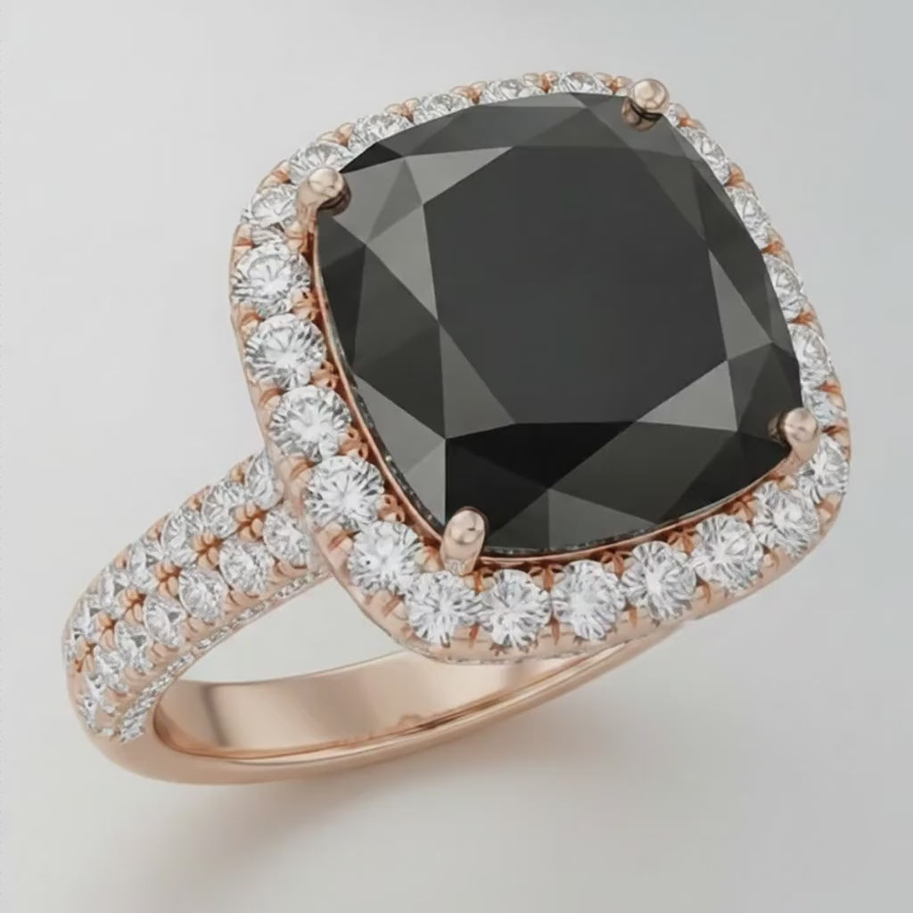 Cushion Black Diamond and White Diamond Halo Ring Natural 14K Rose Gold