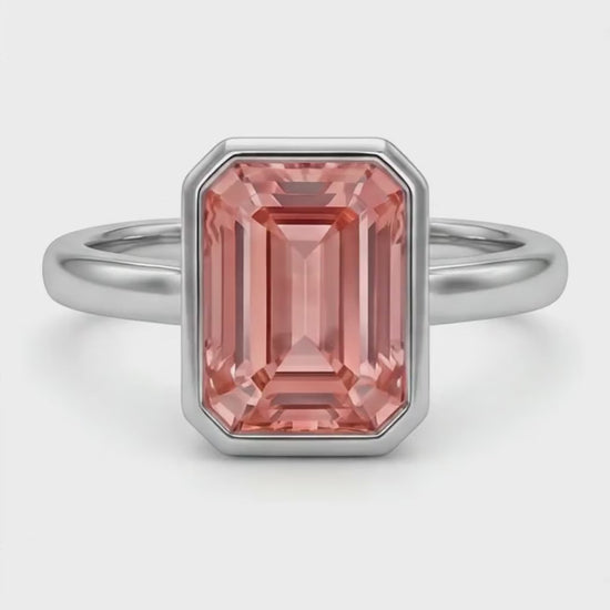 Emerald Padparadscha Bezel Solitaire Ring Natural 14K White Gold