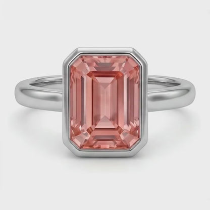 Emerald Padparadscha Bezel Solitaire Ring Natural 14K White Gold