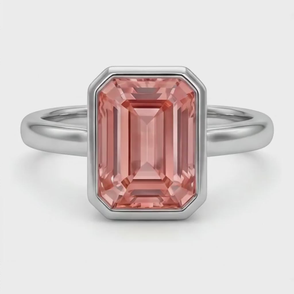 Emerald Padparadscha Bezel Solitaire Ring Natural 14K White Gold