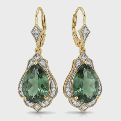 Green Tourmaline Earrings 5 Carat Lab Grown Pear Milgrain Leverback 14K Yellow Gold