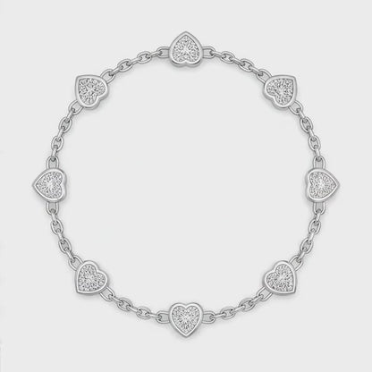 Diamond Heart Station Bracelet 3 Carat Lab Grown Bezel 14K White Gold 7 Inch