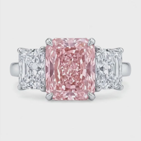 5.5 Carat Radiant Pink Lab Grown Diamond and White Diamond Three Stone Ring 14K White Gold