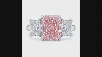 5.5 Carat Radiant Pink Lab Grown Diamond and White Diamond Three Stone Ring 14K White Gold