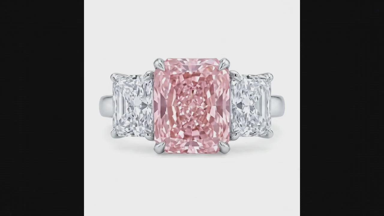 5.5 Carat Radiant Pink Lab Grown Diamond and White Diamond Three Stone Ring 14K White Gold