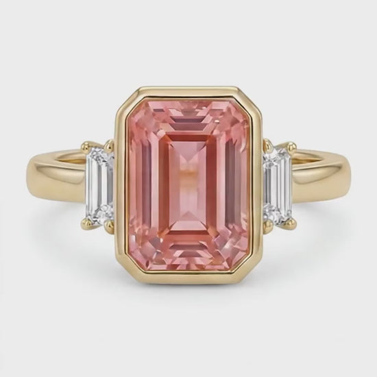 Emerald Lab Grown Padparadscha Bezel Three Stone Ring 14K Yellow Gold