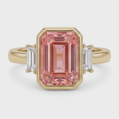 Emerald Lab Grown Padparadscha Bezel Three Stone Ring 14K Yellow Gold
