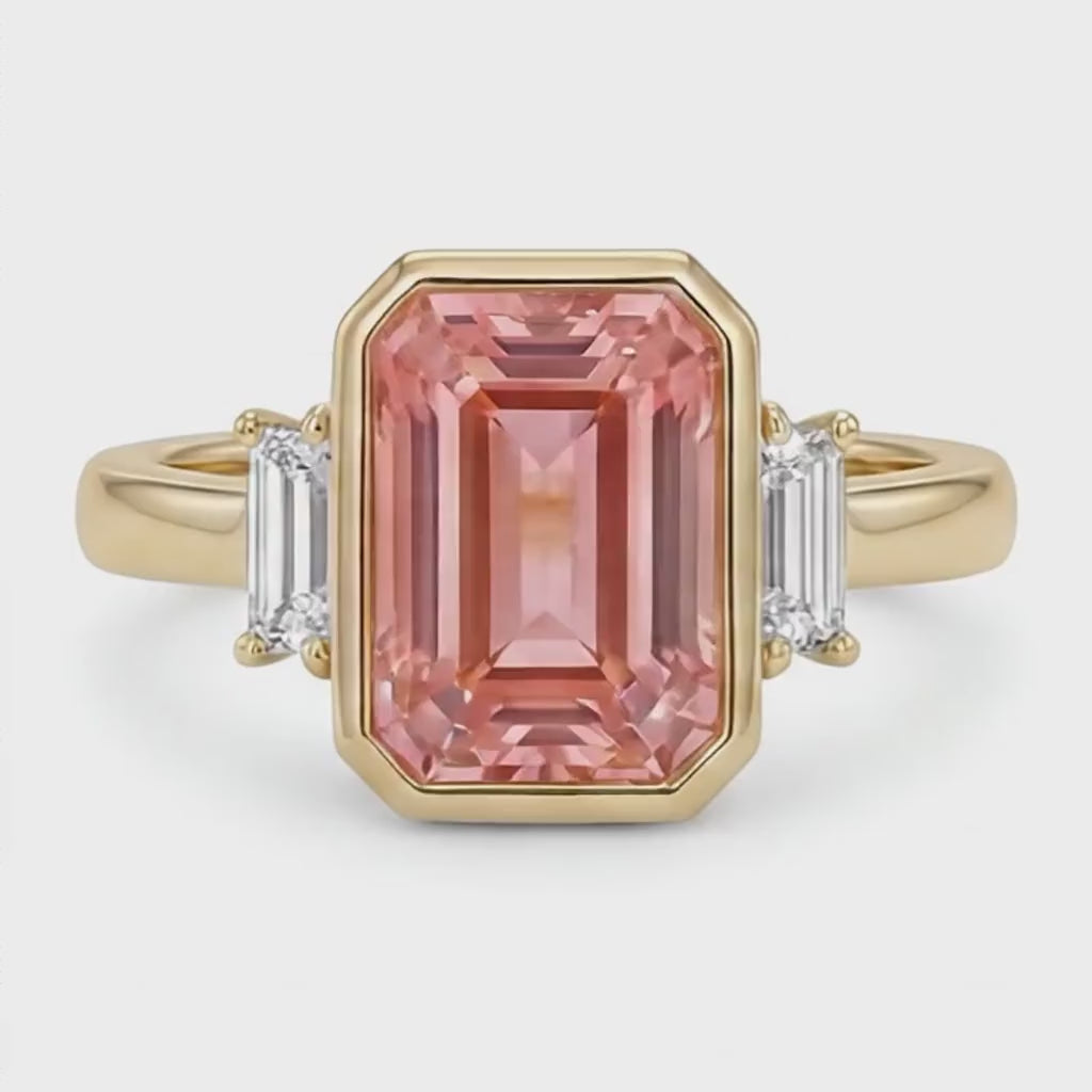 Emerald Lab Grown Padparadscha Bezel Three Stone Ring 14K Yellow Gold