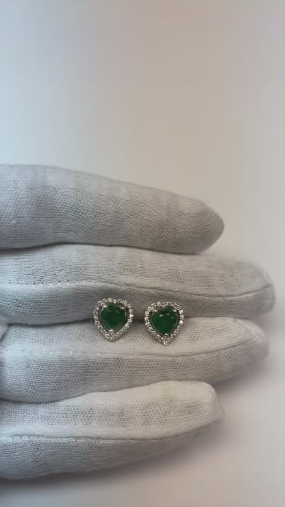 3.80 Carats Heart Cut Green Emerald With Round Natural Earth Mined Diamond Stud Earrings