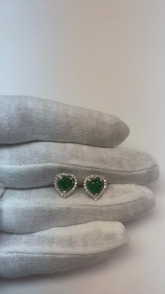 3.80 Carats Heart Cut Green Emerald With Round Diamond Stud Earrings