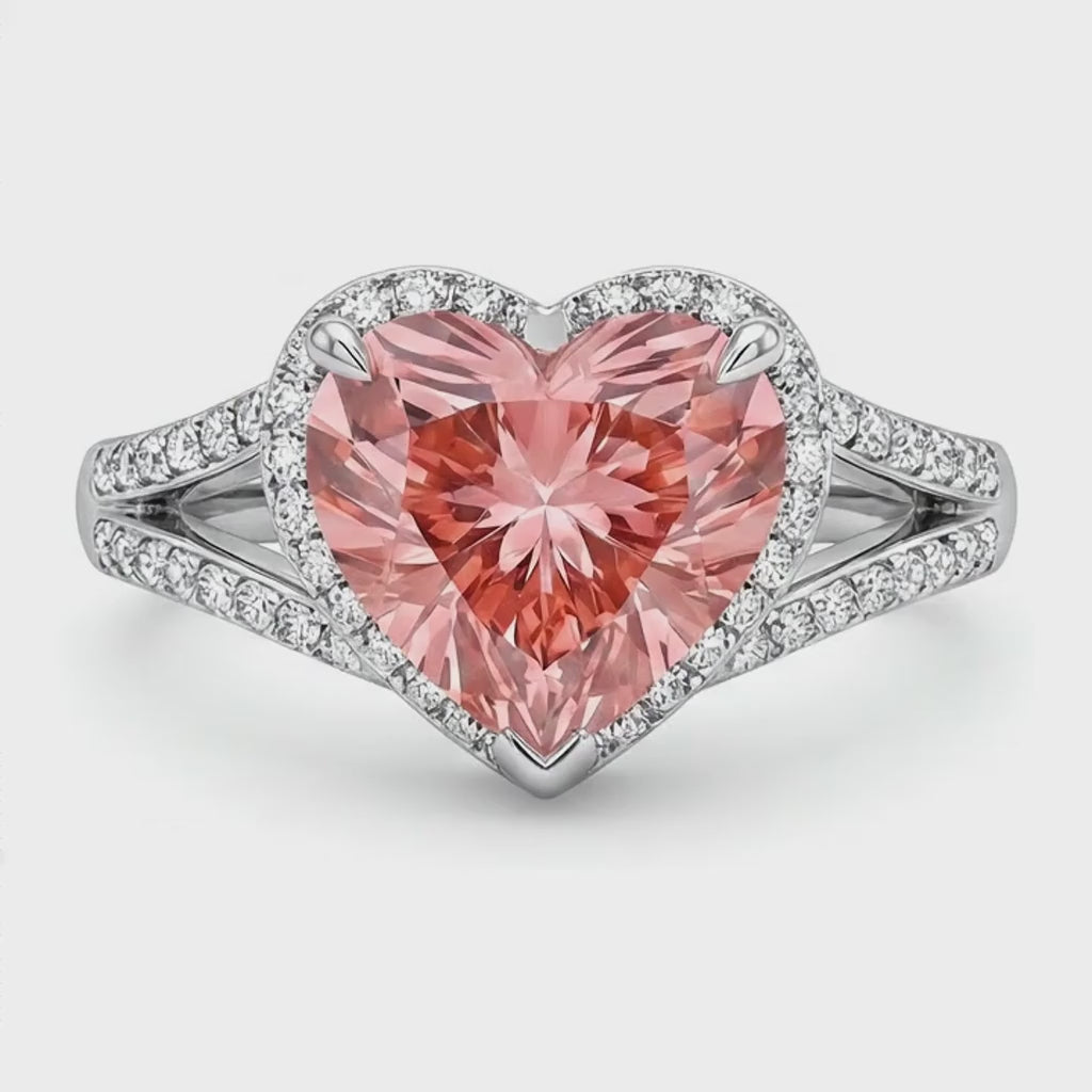 Heart Padparadscha and White Diamond Halo Ring Natural 14K White Gold