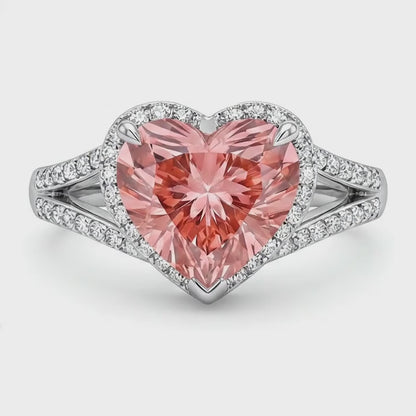 Heart Padparadscha and White Diamond Halo Ring Natural 14K White Gold