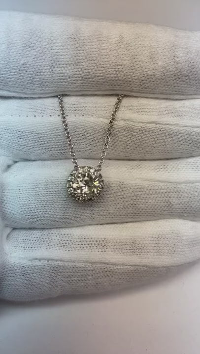 Round Halo Natural Earth Mined Diamond Pendant Necklace 1.65 Carats White Gold 14K