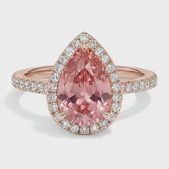 Pear Padparadscha and White Diamond Halo Ring Natural 14K Rose Gold