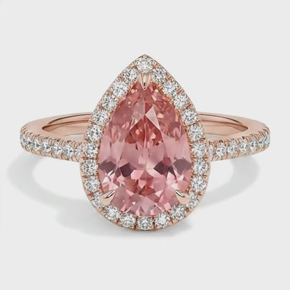 Pear Padparadscha and White Diamond Halo Ring Natural 14K Rose Gold