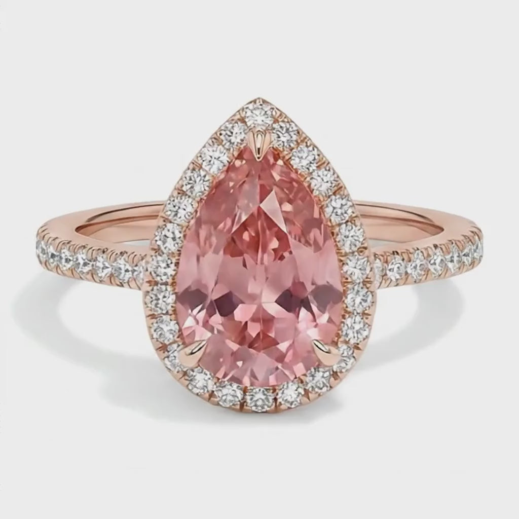 Pear Padparadscha and White Diamond Halo Ring Natural 14K Rose Gold
