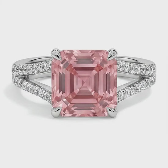 Asscher Padparadscha and White Diamond Pave Ring Natural 14K White Gold