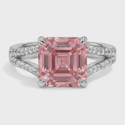 Asscher Padparadscha and White Diamond Pave Ring Natural 14K White Gold